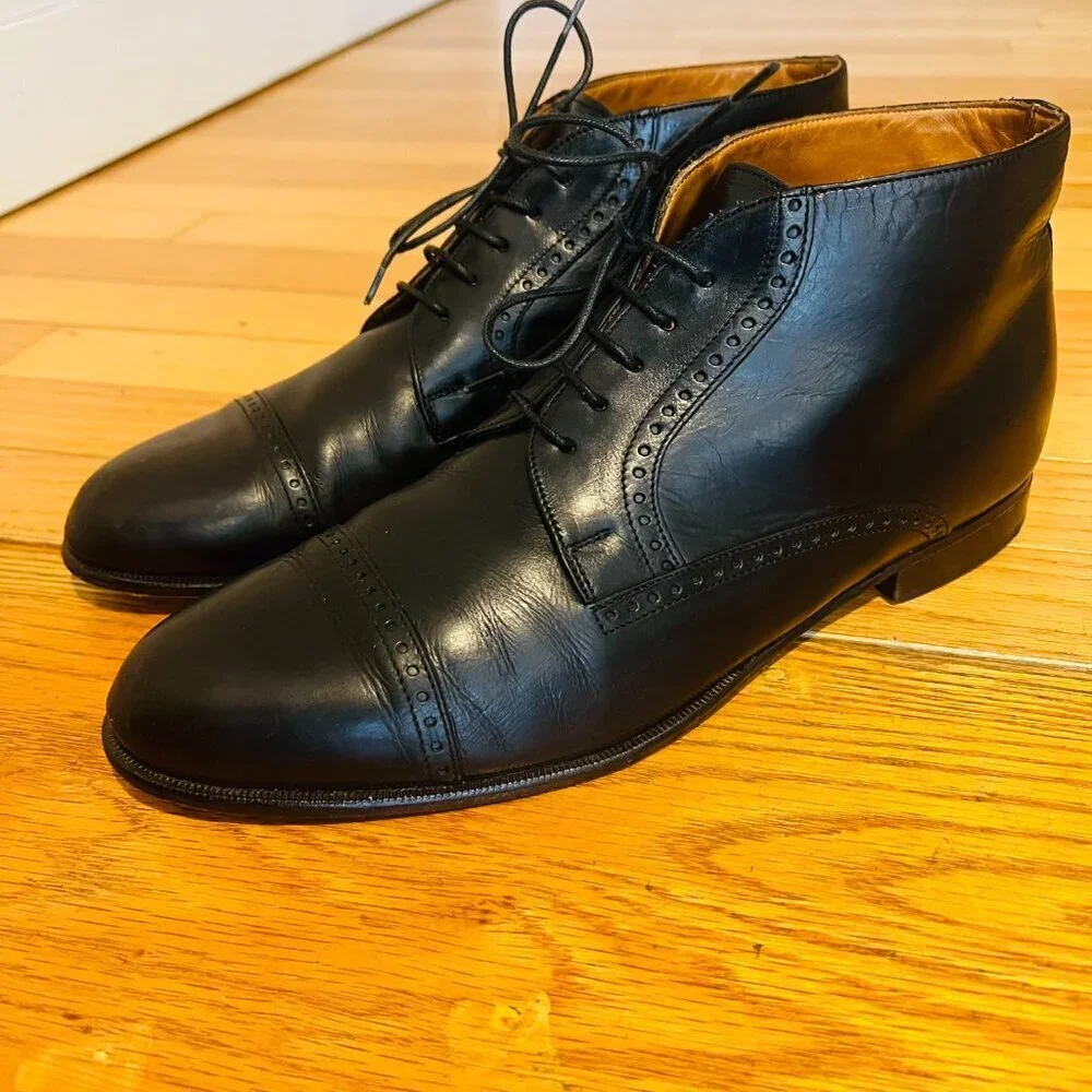 VTG Bostonian Oxford Ankle Boots Mens 9.5  Black Leather Lace Up Chukka Italy